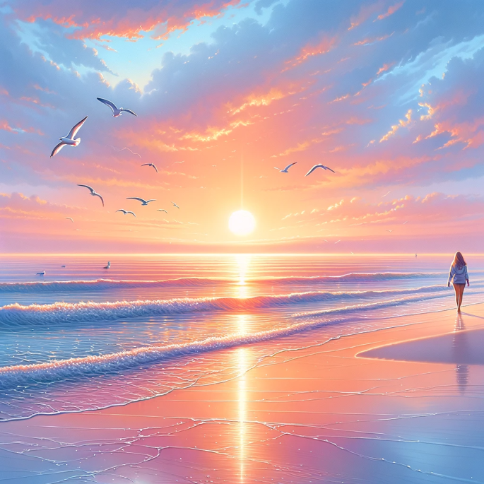 DALL·E 2023-12-02 19.28.13 - A bright and clear depiction of a beach at sunset, with a lighter and more vivid color palette. The sky is illuminated with soft shades of orange and