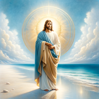 DALL·E 2024-01-18 15.53.02 - A peaceful image of Jesus standing on a beach, with a serene blue and white background symbolizing the sky and sea. Jesus is depicted with a gentle an