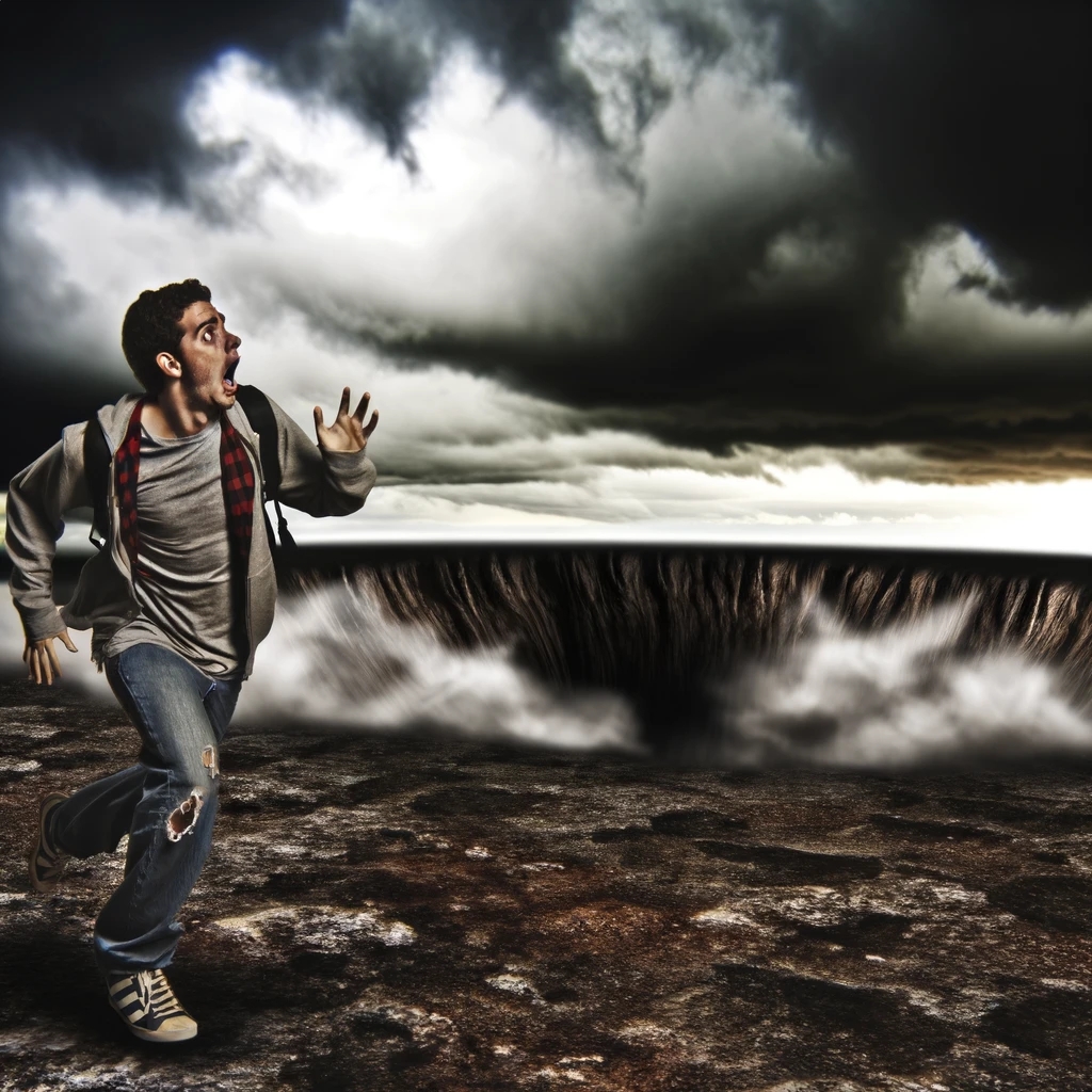 DALL·E 2024-04-06 17.58.20 - A imagem retrata um homem correndo com expressão de pressa e determinação, capturado em um momento dramático quando ele chega diante de um grande abis